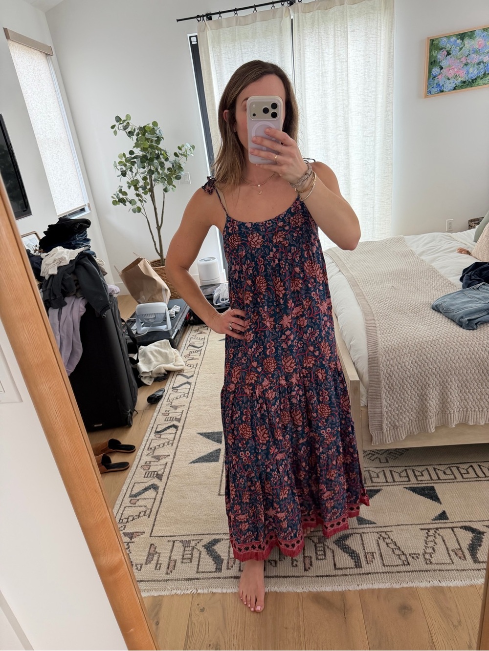 Natalie Martin Navy and Coral Floral Tiered Maxi Dress with Tie Straps